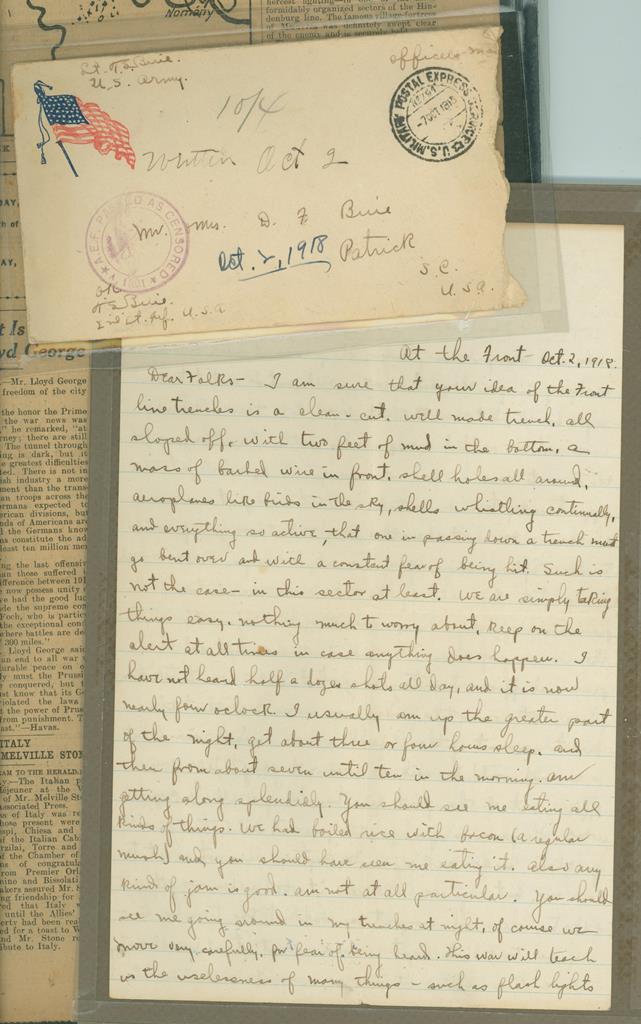 CU Buie Letter Oct. 2, 1918 Thomas S. Buie letter from the front lines of France during World War I.