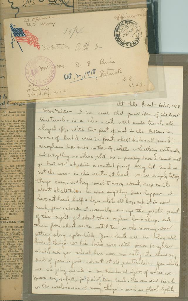 Thomas S. Buie letter from the front lines of France during World War I.