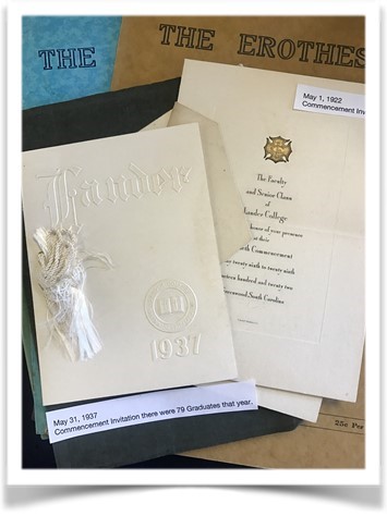 Commencement invitations for Lander University students on display at the Lander University Archives in the Larry Jackson Library.